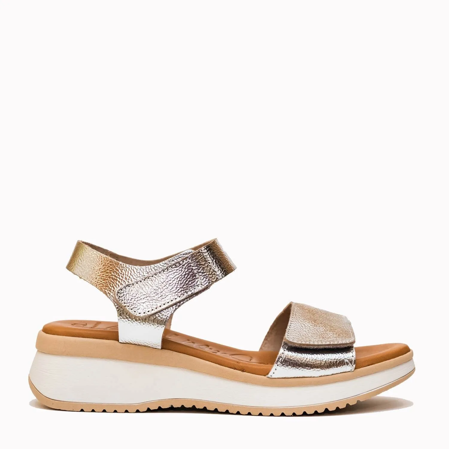 5411 Spanish leather Sport delux sandals/wedge with velcro in silver and white