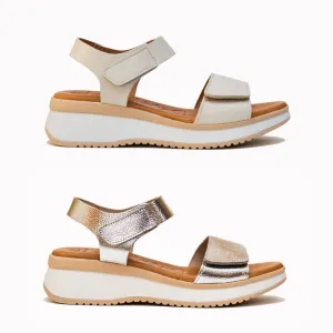 5411 Spanish leather Sport delux sandals/wedge with velcro in silver and white