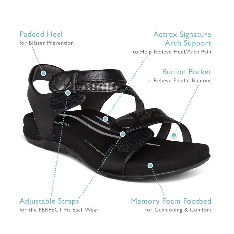 Aetrex Jess Quarter Strap Black Leather Sandal SE210