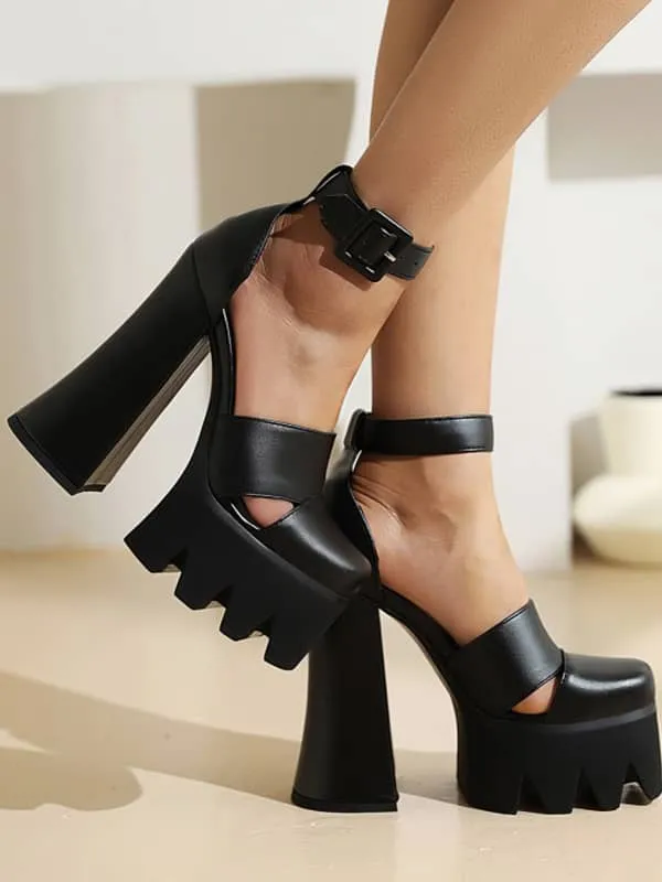 Ankle Strap Square Toe Platform Block Heel&Sandals