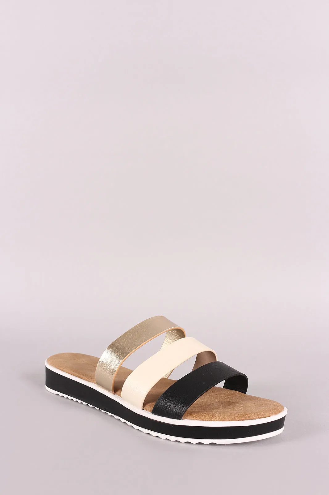 Bamboo Open Toe Strappy Tri-Color Slide Sandal