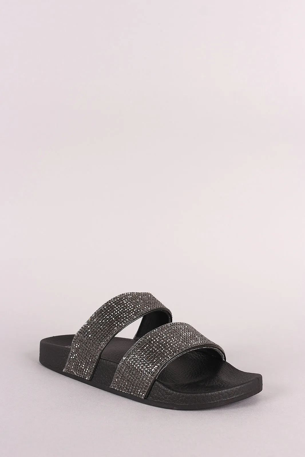 Bamboo Rhinestone Embellished Double Band Slide Sandal