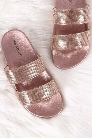 Bamboo Rhinestone Embellished Double Band Slide Sandal