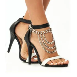 Black Leather Chain Buckle High Heel Sandals