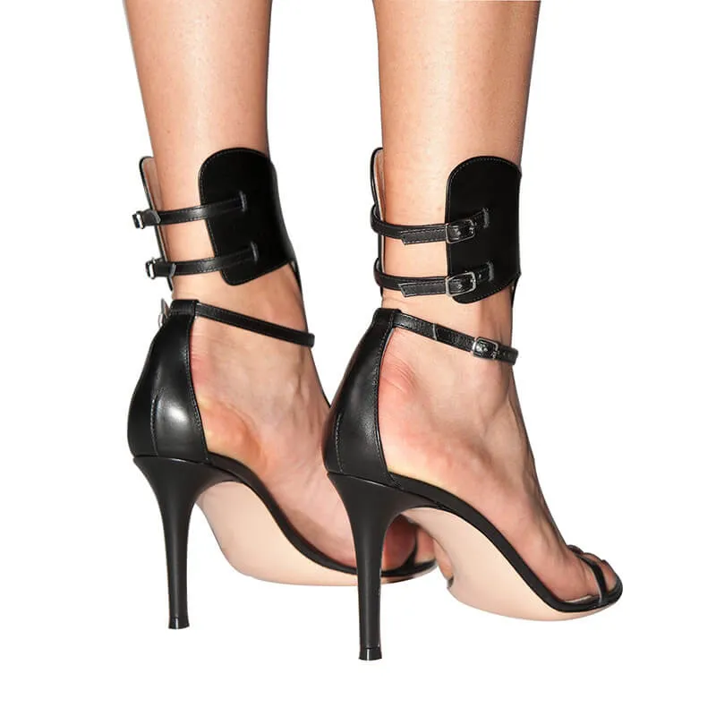 Black PU Open Toe Buckle High Heel Sandals