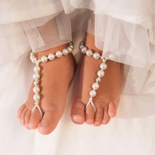 Christening Baptism Baby Barefoot Faux Pearl Sandals