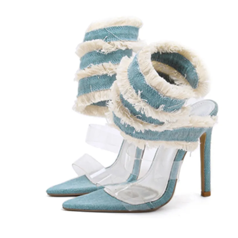 Color Block Peep Toe Denim Wrapped High Heel Sandals