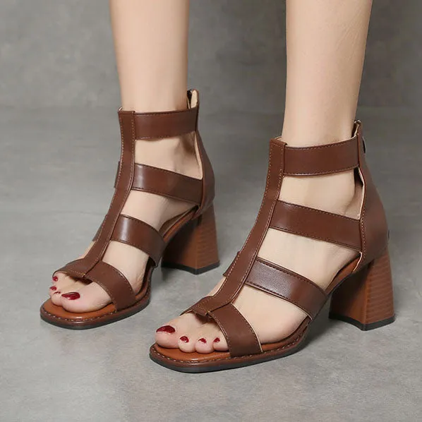 elveswallet Retro Thin strap Thick heel Roman Sandals