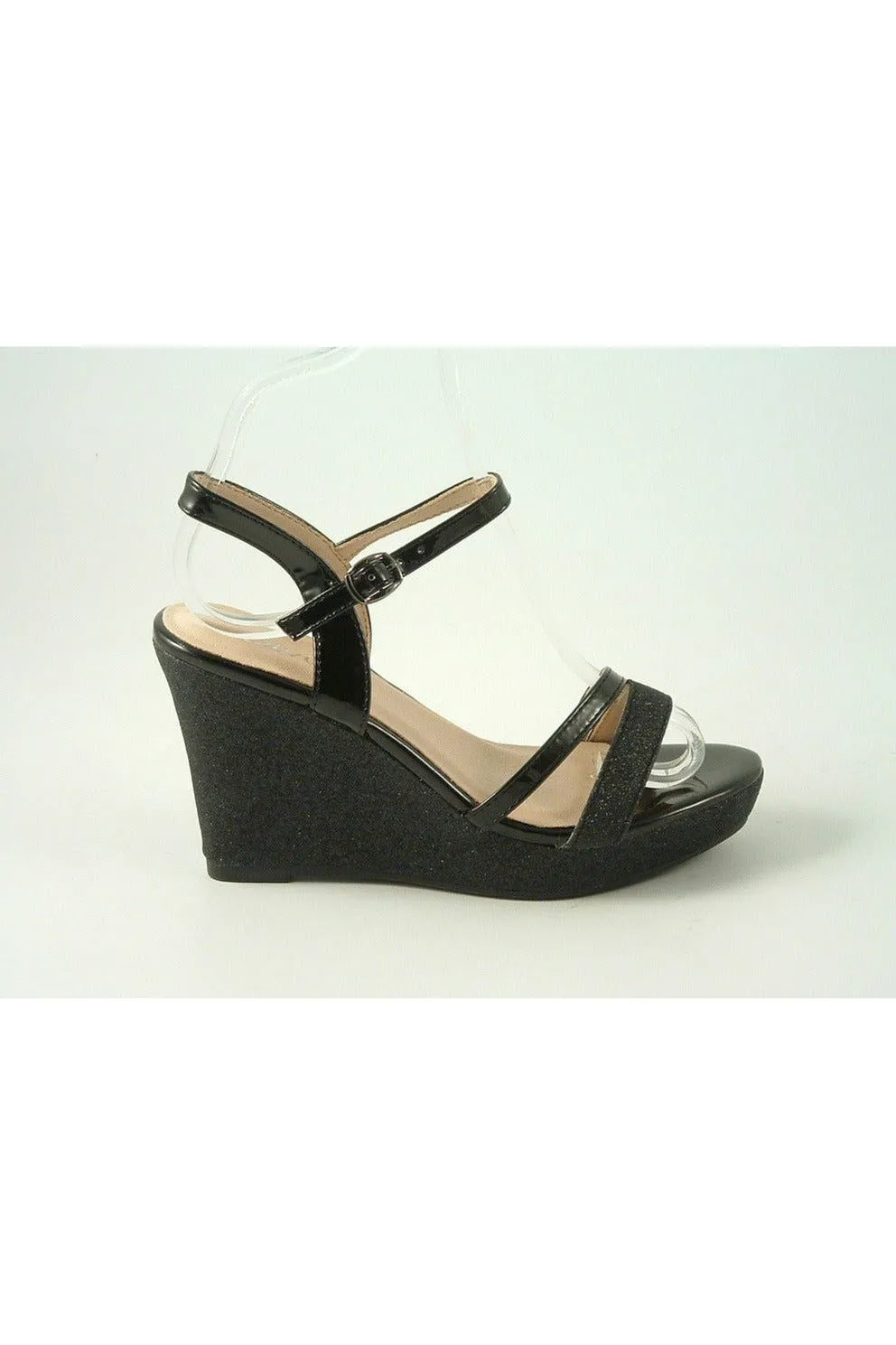 Glitz Shoes Divine High Heel Glitter Wedge Black Sandal