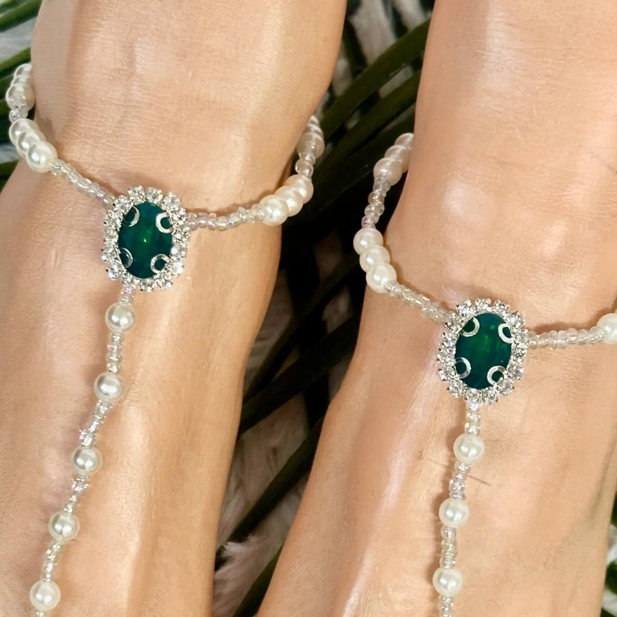 GREEN  beaded barefoot sandals