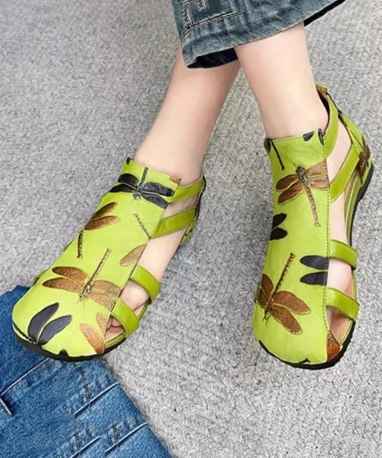 Handmade Green Cowhide Leather Embossed Hollow Out Splicing Sandals DD1052