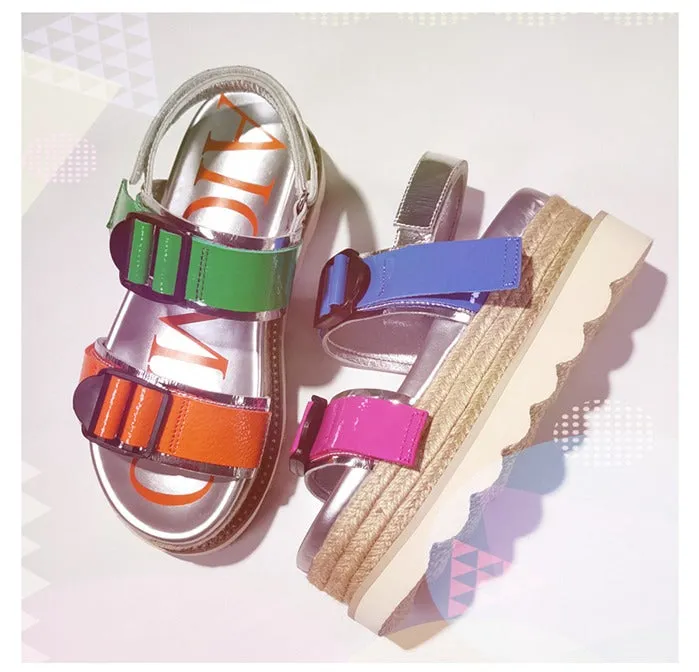 JENNO ROCILA OPEN TOE LEATHER CASUAL PLATFORM SANDALS IN MULTI COLOR