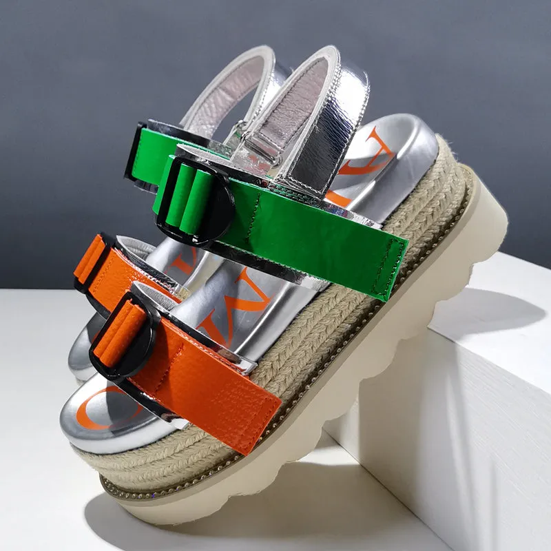 JENNO ROCILA OPEN TOE LEATHER CASUAL PLATFORM SANDALS IN MULTI COLOR