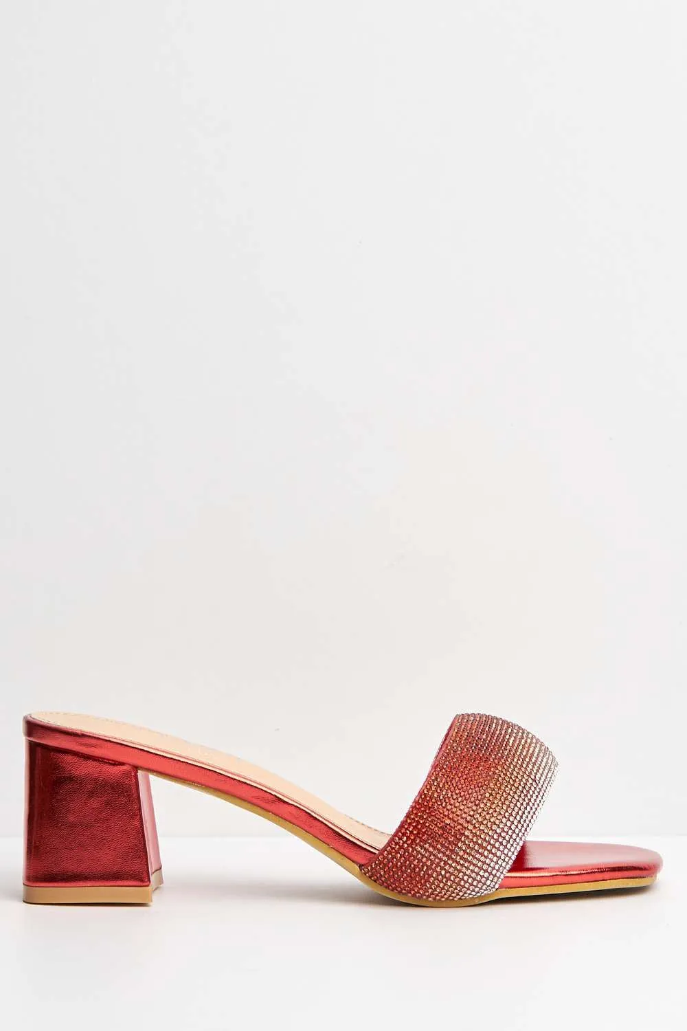 Kelly Diamante Embellished Square Toe Heeled Mules in Red