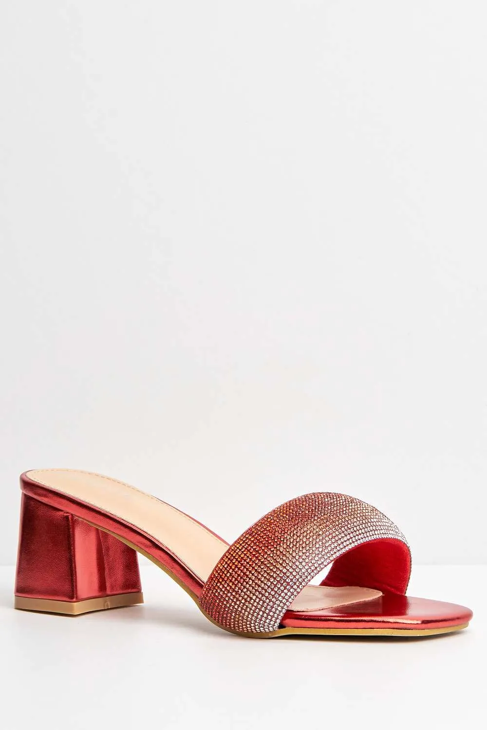 Kelly Diamante Embellished Square Toe Heeled Mules in Red