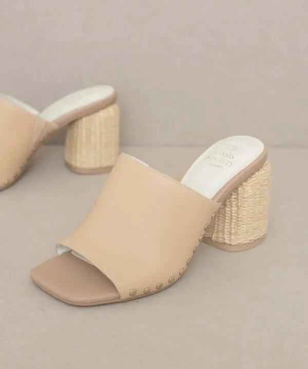 Oasis Society Serena - Nude Studded Raffia Slide Heels Sandals