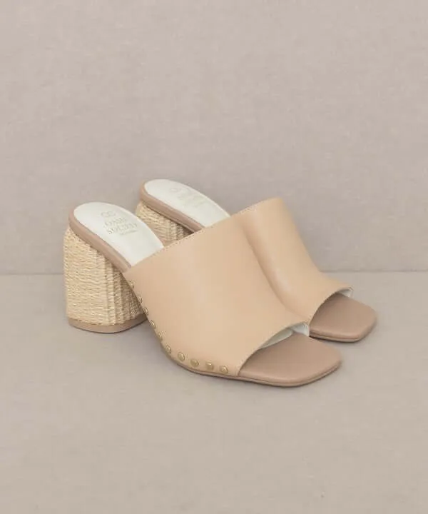 Oasis Society Serena - Nude Studded Raffia Slide Heels Sandals