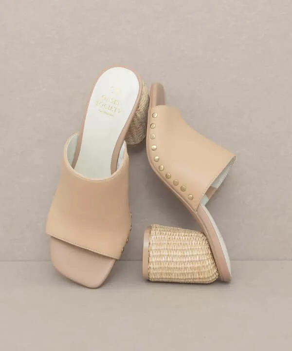 Oasis Society Serena - Nude Studded Raffia Slide Heels Sandals