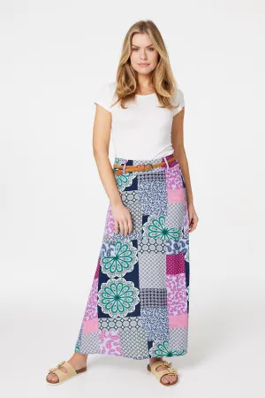 Patchwork Print A-Line Maxi Skirt