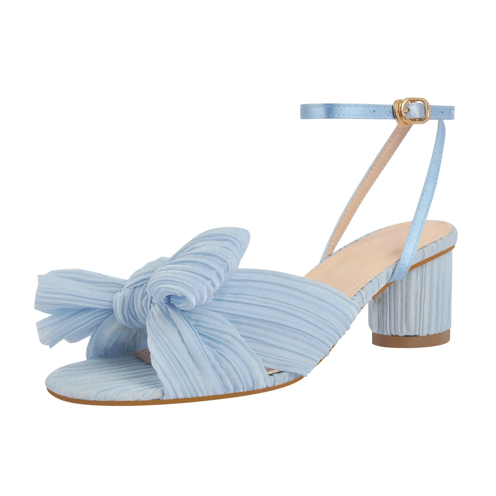 Pleated Bowknot Mid Chunky Heel Sandals