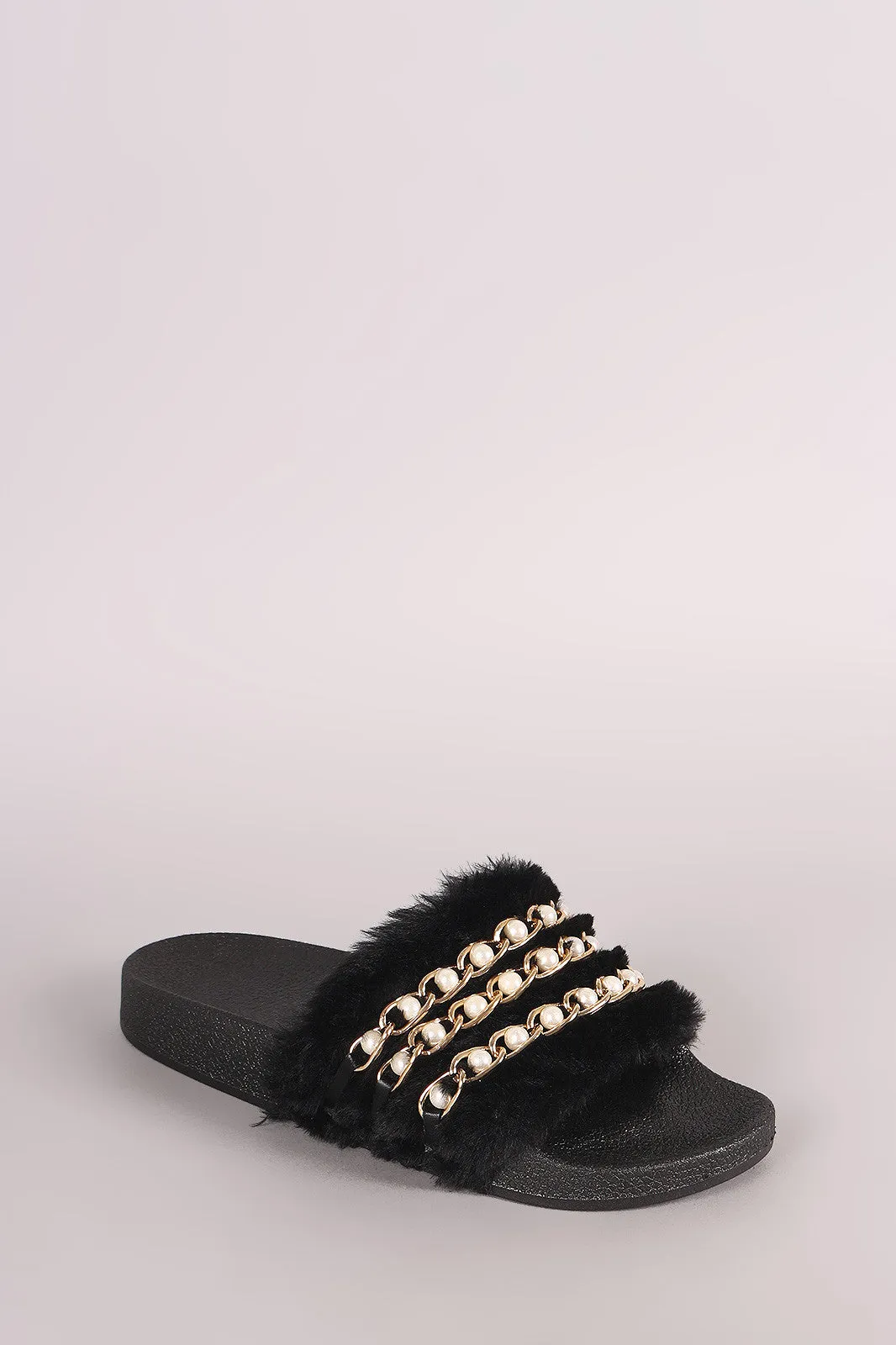 Qupid Faux Pearl Chain Embellished Fur Slide Sandal