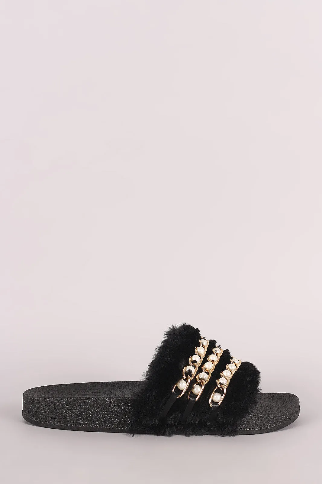 Qupid Faux Pearl Chain Embellished Fur Slide Sandal