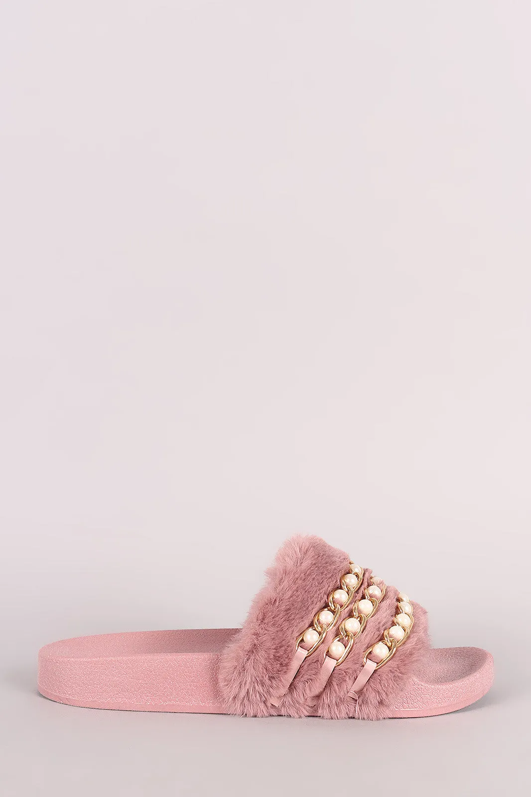 Qupid Faux Pearl Chain Embellished Fur Slide Sandal