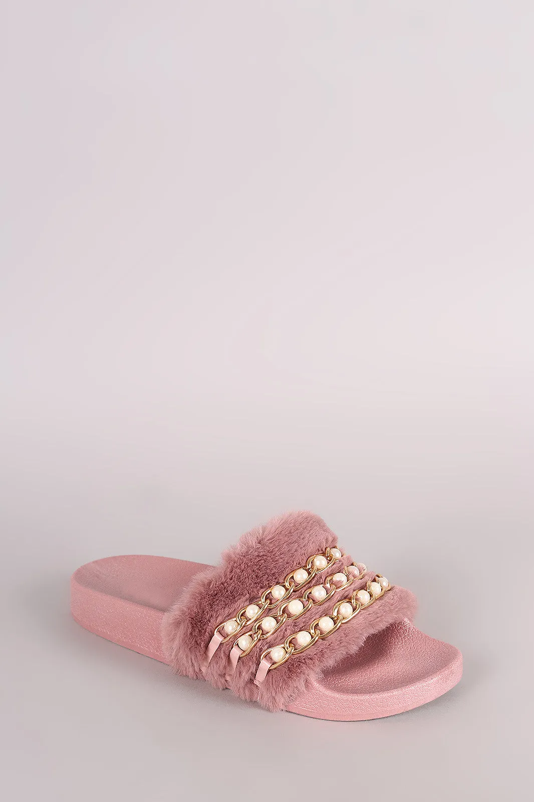 Qupid Faux Pearl Chain Embellished Fur Slide Sandal