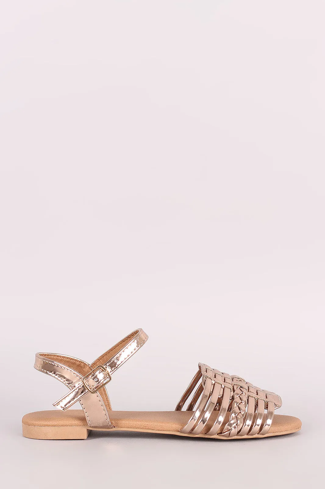 Qupid Mirror Metallic Woven Ankle Strap Flat Sandal