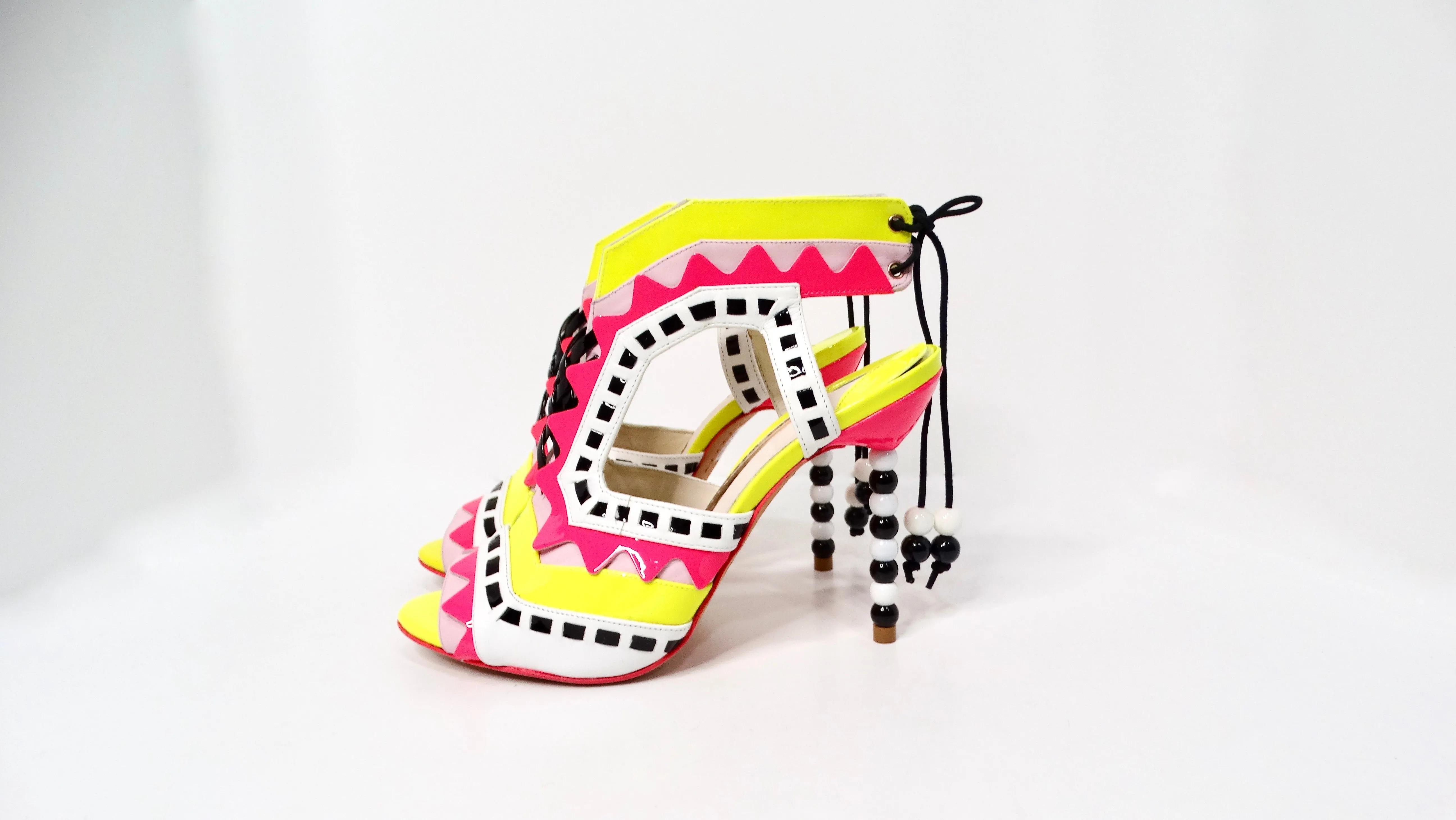 Sofia Webster Neon Multicolor Patent Leather Printed T-Strap Sandals