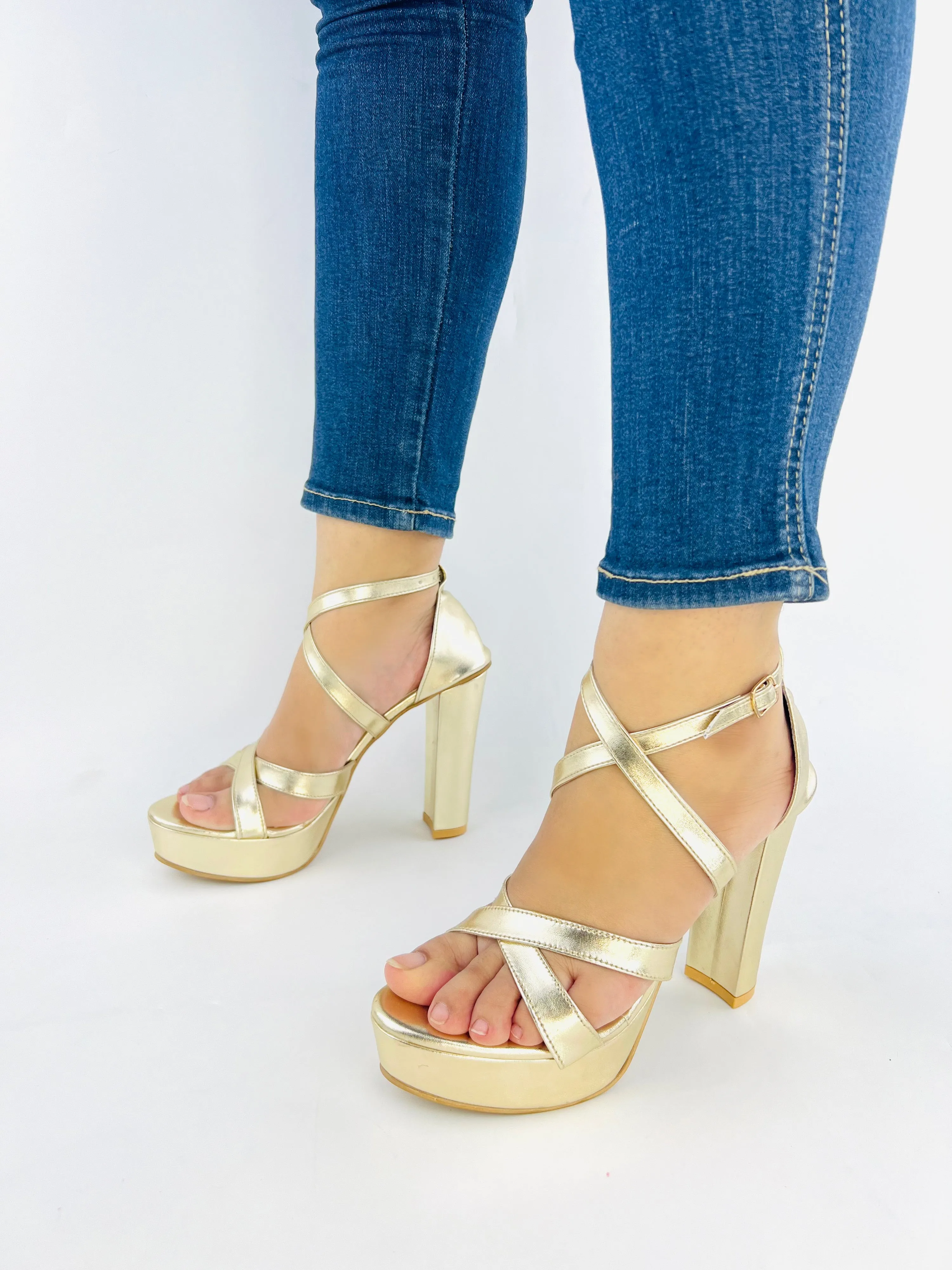 Spunkz Metallic Gold Platform Chunky Heeled Ankle Strap Sandals