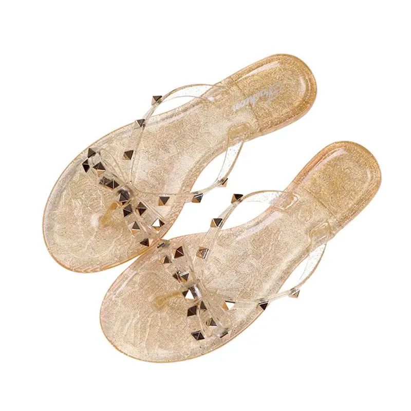 Women Fashion Studded Bow Jelly Sandals Summer Beach Flip Flips