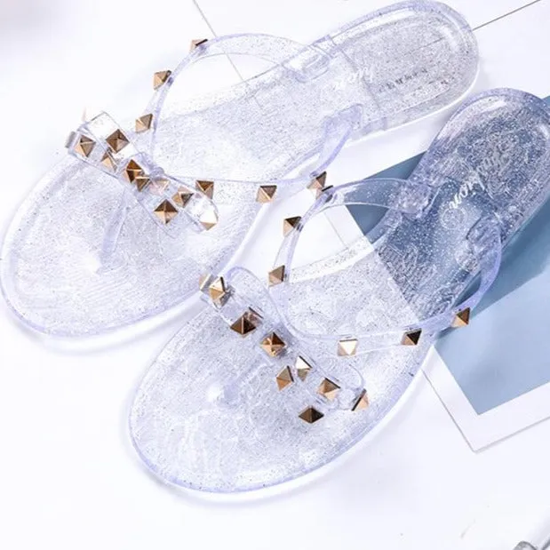 Women Fashion Studded Bow Jelly Sandals Summer Beach Flip Flips