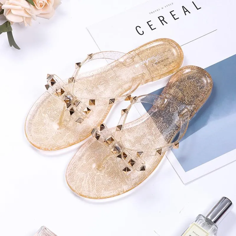 Women Fashion Studded Bow Jelly Sandals Summer Beach Flip Flips