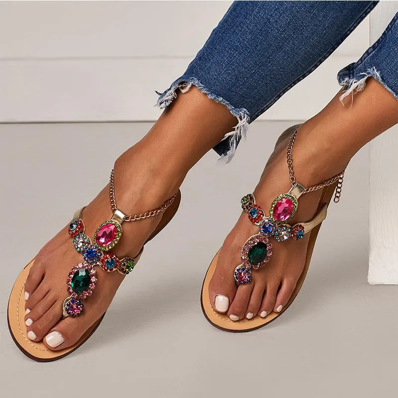 Women flat ankle strap chain  rhinestone sandals