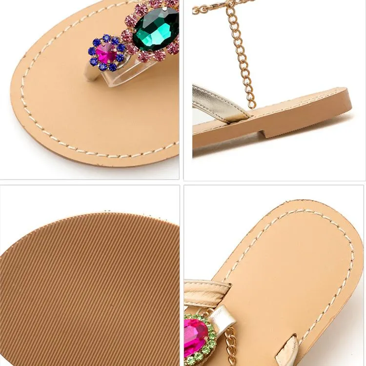 Women flat ankle strap chain  rhinestone sandals