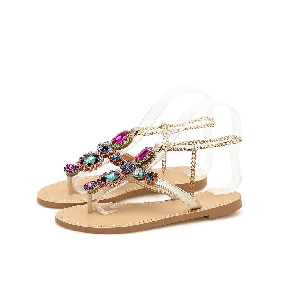 Women flat ankle strap chain  rhinestone sandals