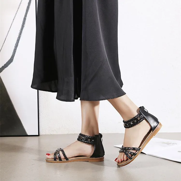 Women summer fashion woven ankle strap studded flat sandals