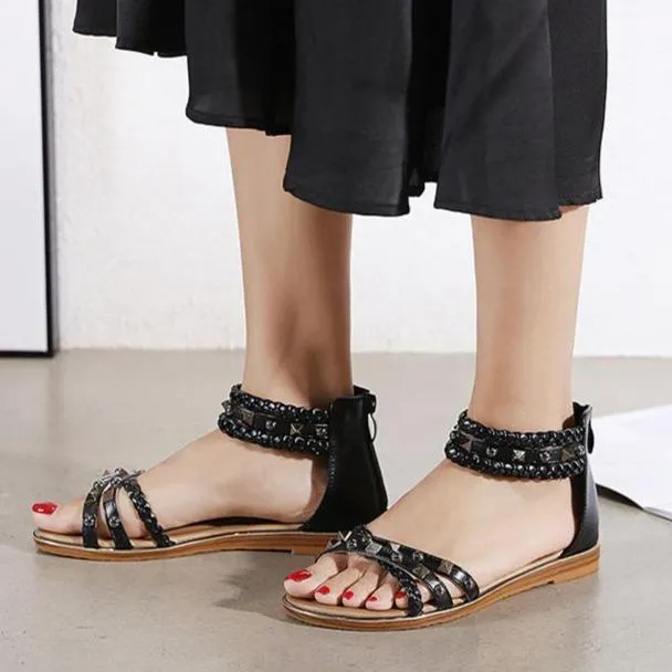 Women summer fashion woven ankle strap studded flat sandals