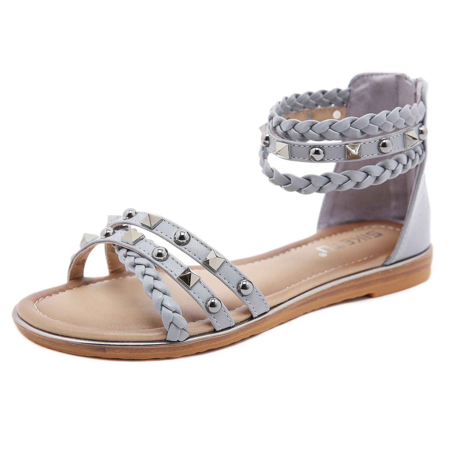 Women summer fashion woven ankle strap studded flat sandals