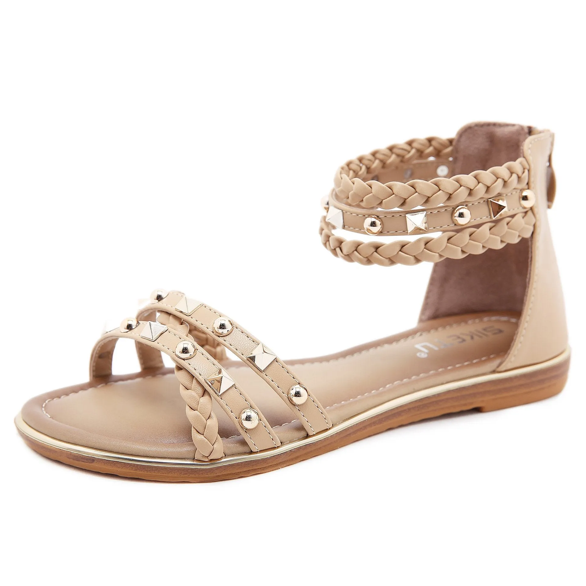 Women summer fashion woven ankle strap studded flat sandals