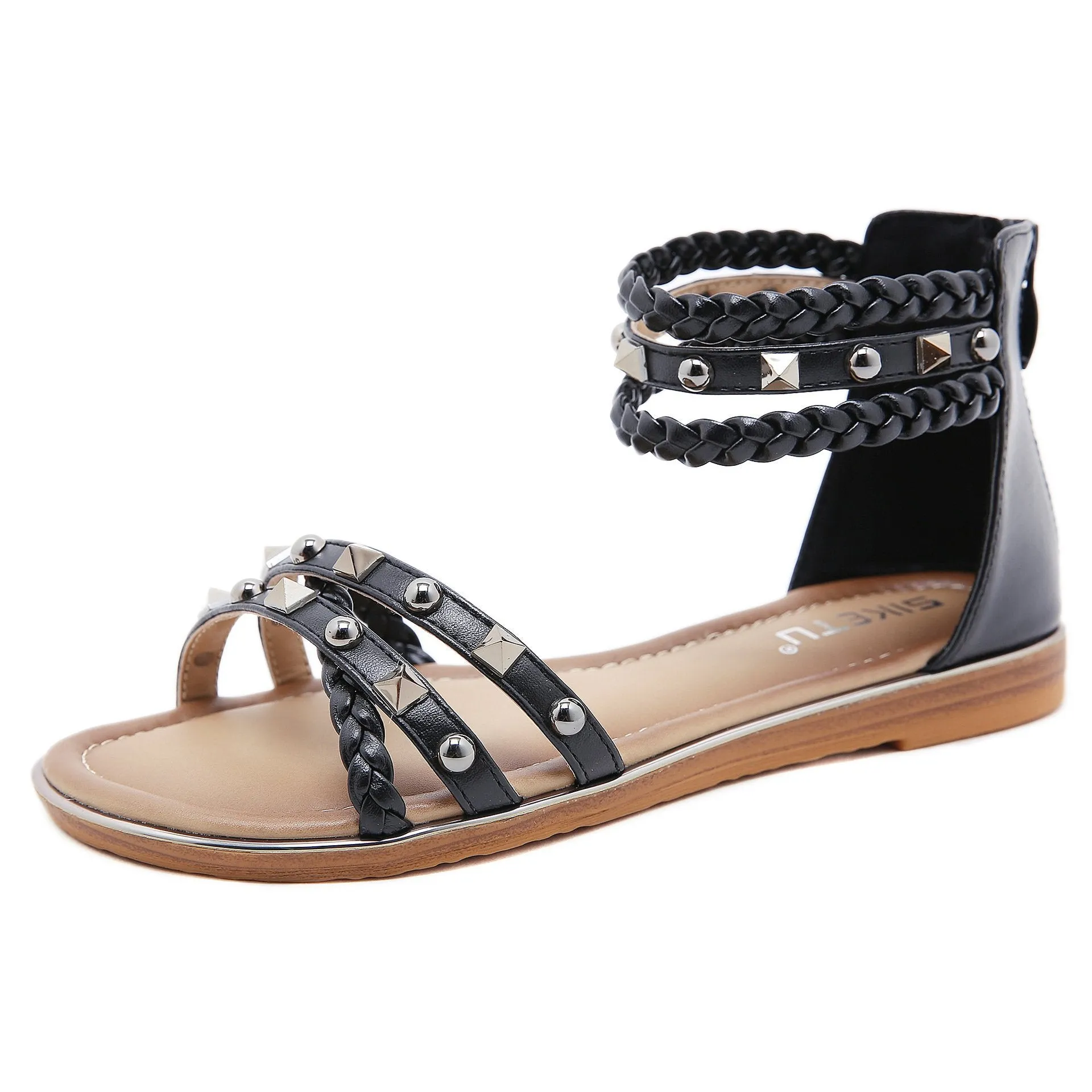 Women summer fashion woven ankle strap studded flat sandals