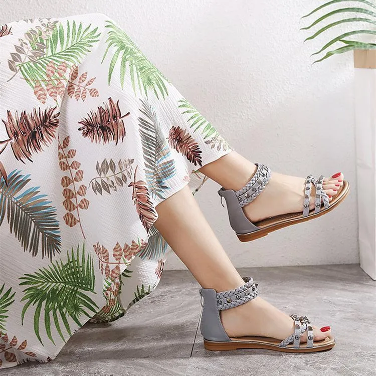 Women summer fashion woven ankle strap studded flat sandals