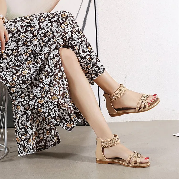 Women summer fashion woven ankle strap studded flat sandals