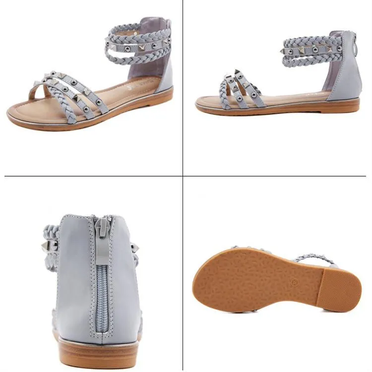 Women summer fashion woven ankle strap studded flat sandals