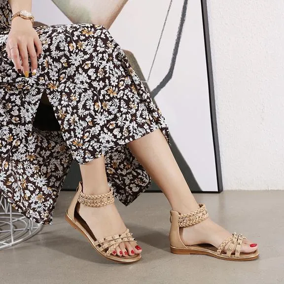 Women summer fashion woven ankle strap studded flat sandals