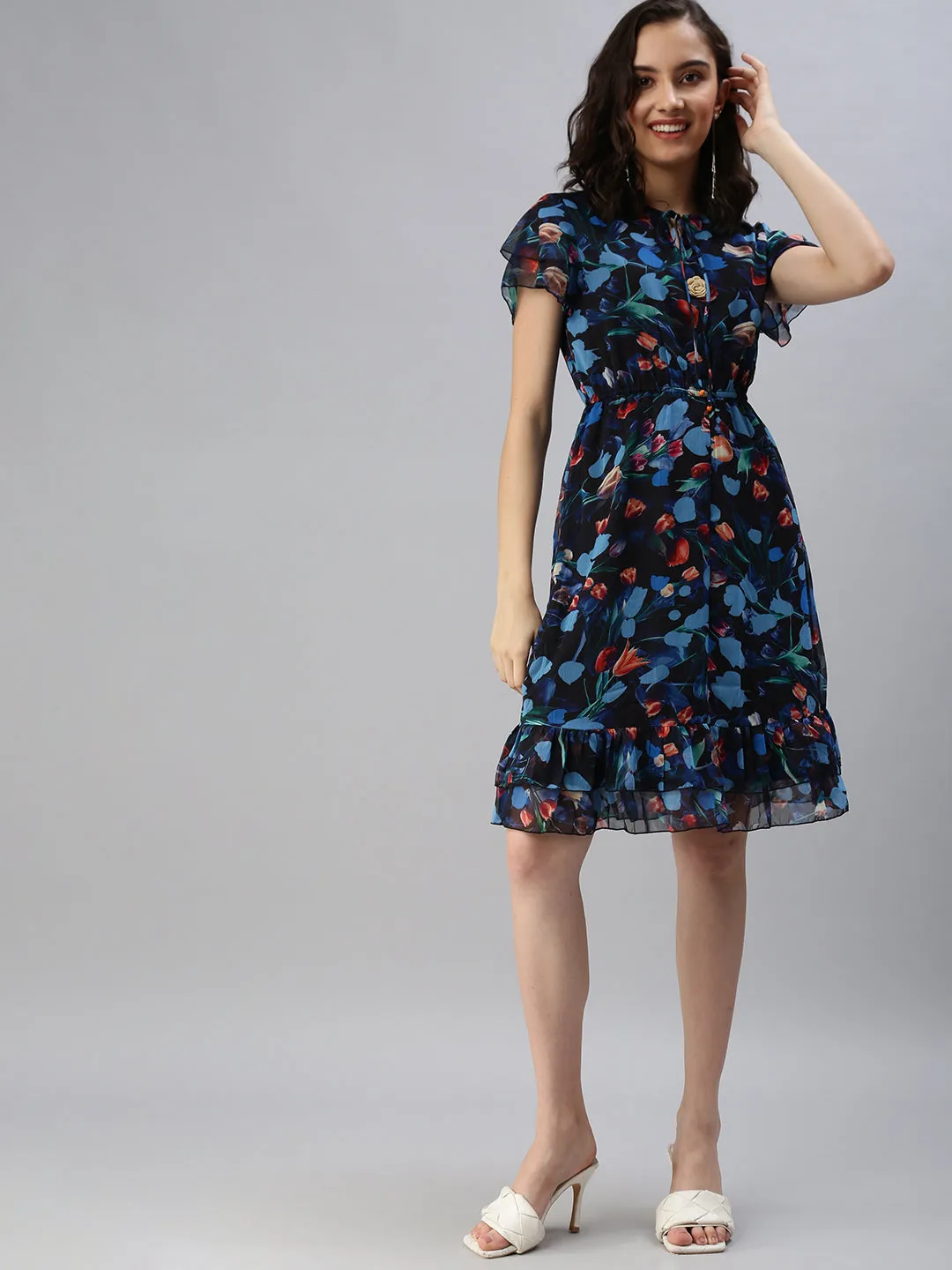 Women Tie-Up Neck Printed Fit and Flare Blue Dress