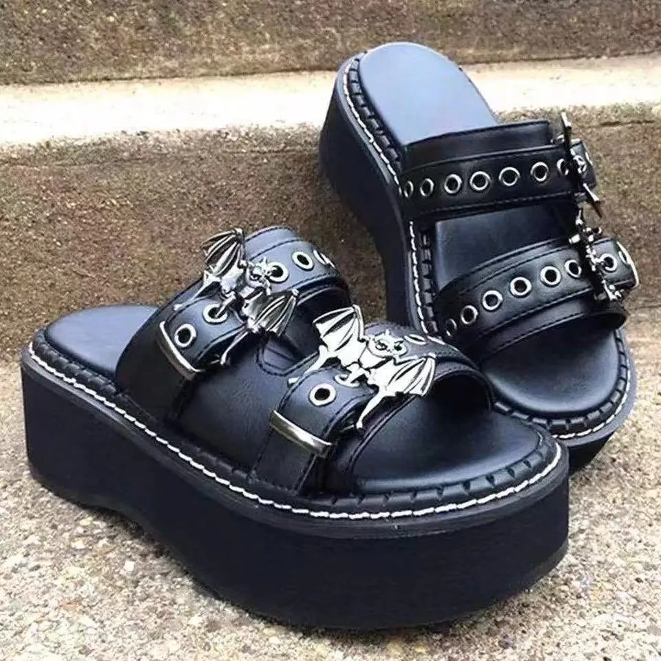 Women two buckle strap bat decor black slide platform sandals